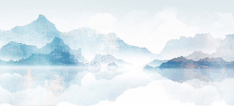 蓝色山水画  简约意境手绘山水图片素材