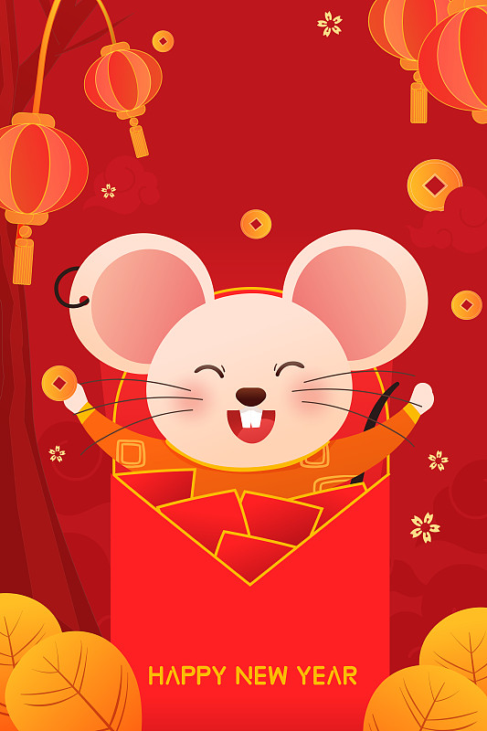 喜庆中国风新年鼠年红包活动矢量背景插画图片