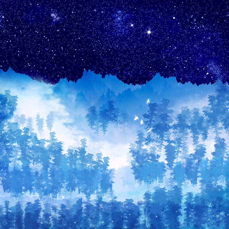夜晚森林云雾弥漫，满天星星在闪烁插画背景下载