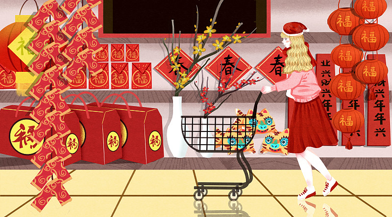 春节女孩在商场购买年货插画图片