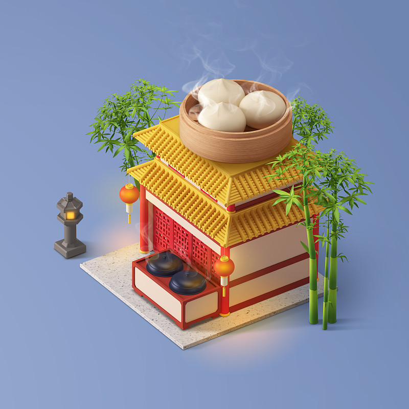 3D商店建筑与食物在顶部等距001图片下载