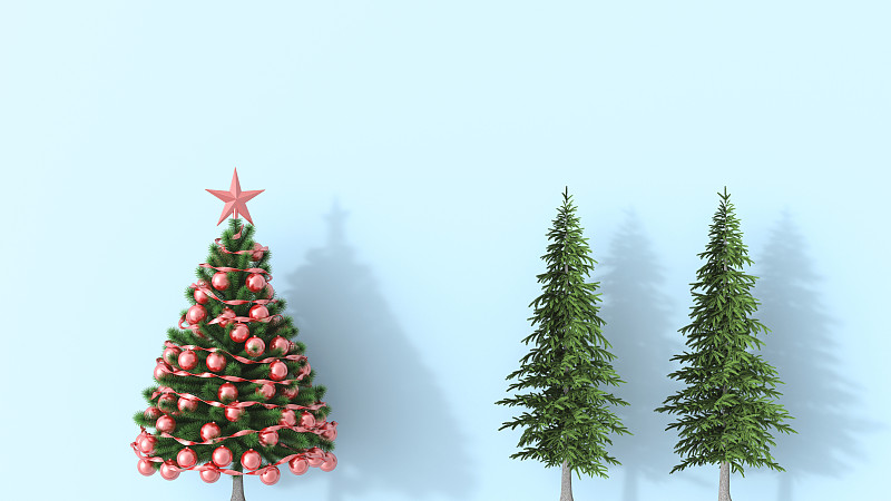 3D渲染，圣诞树与冷杉树在蓝色的背景图片素材