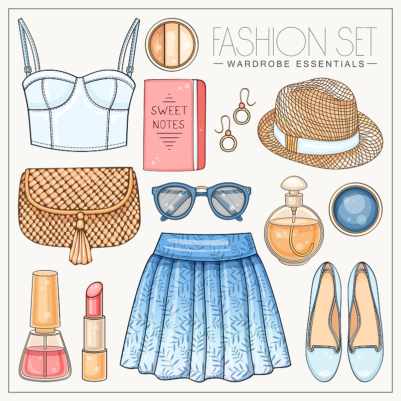女性时装夏季设置胸衣，手袋，裙子，太阳镜和帽子图片素材