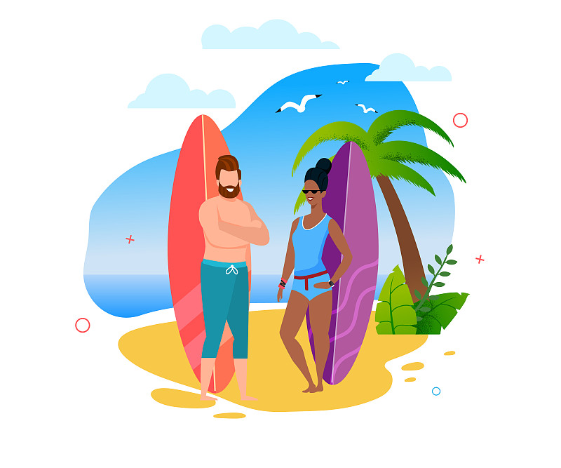 多种族冲浪情侣站在阳光沙滩上图片下载