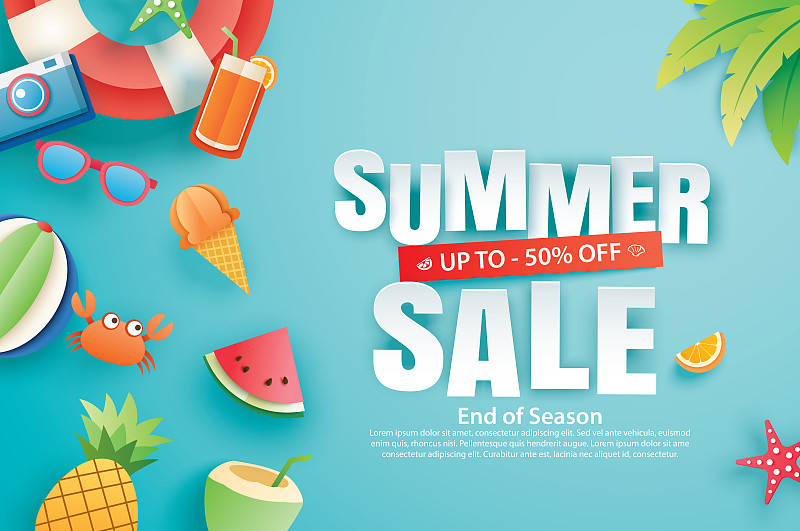 夏季销售与装饰折纸蓝天背景。纸艺术和工艺风格。矢量图的冰淇淋，西瓜，太阳镜。素材