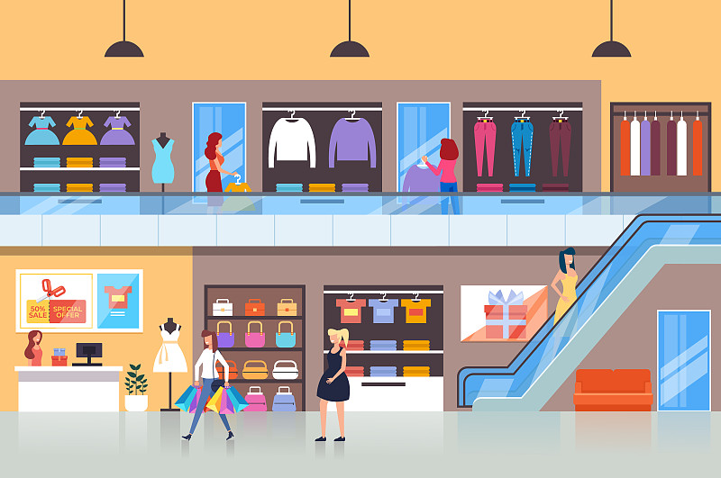 人们把在购物中心购物的消费者描绘成人物。矢量平面卡通图形设计孤立插图图片素材