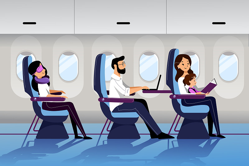 人们乘坐经济舱旅行。矢量平面卡通插图。年轻的母亲带着婴儿旅行图片下载