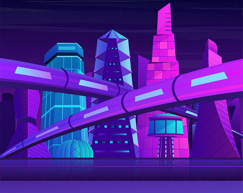 未来的霓虹夜城，有摩天大楼和铁路。蓝紫色的大都市。图片下载