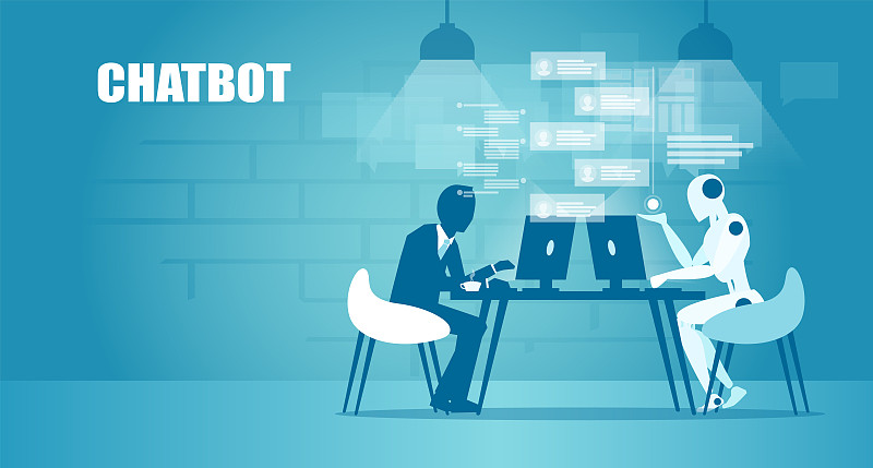 商业概念中的聊天机器人。一个商人在网上和一个机器人聊天的向量图片下载
