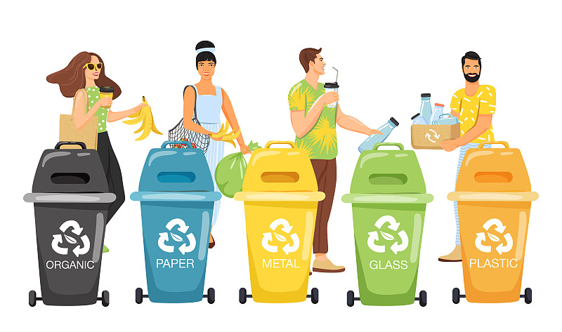 回收的概念。人们将垃圾分类放入容器中回收。图片下载