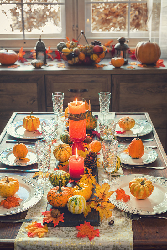 感恩节餐桌摆设与秋季装饰图片下载