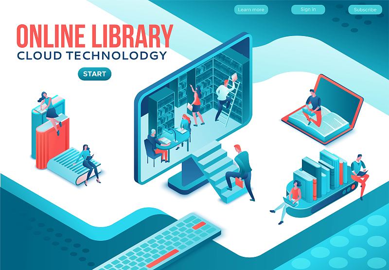 在线图书馆等距登陆页面，人们在笔记本电脑、智能手机、小工具、云计算技术、网站模板设计上阅读书籍图片下载