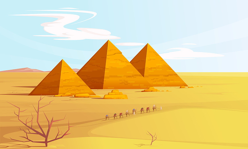 沙漠景观有埃及金字塔和骆驼图片下载