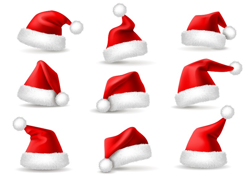 现实的圣诞老人的帽子。圣诞老人圣诞礼帽，庆祝毛绒毛绒可爱的红色冬季头饰服装，3d矢量集图片下载