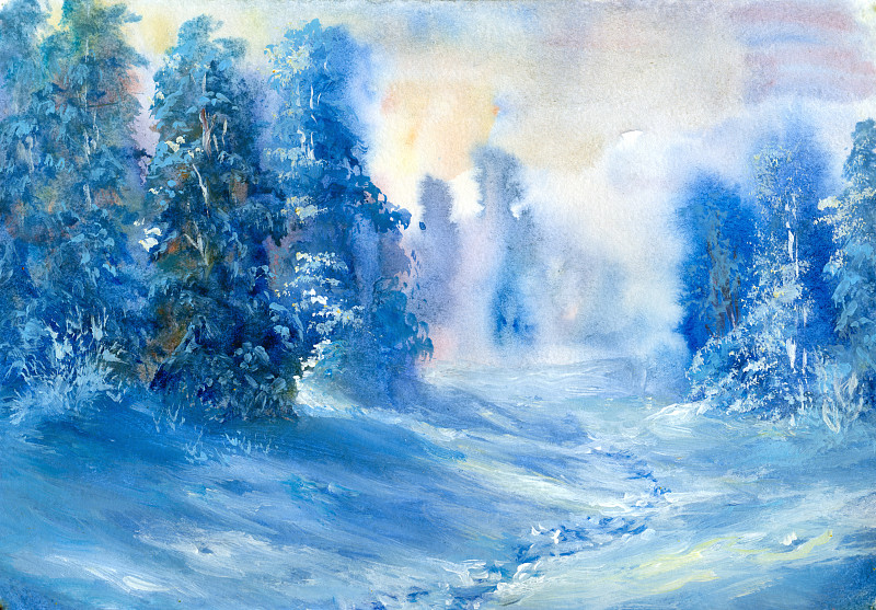 冬季森林，水彩画图片素材