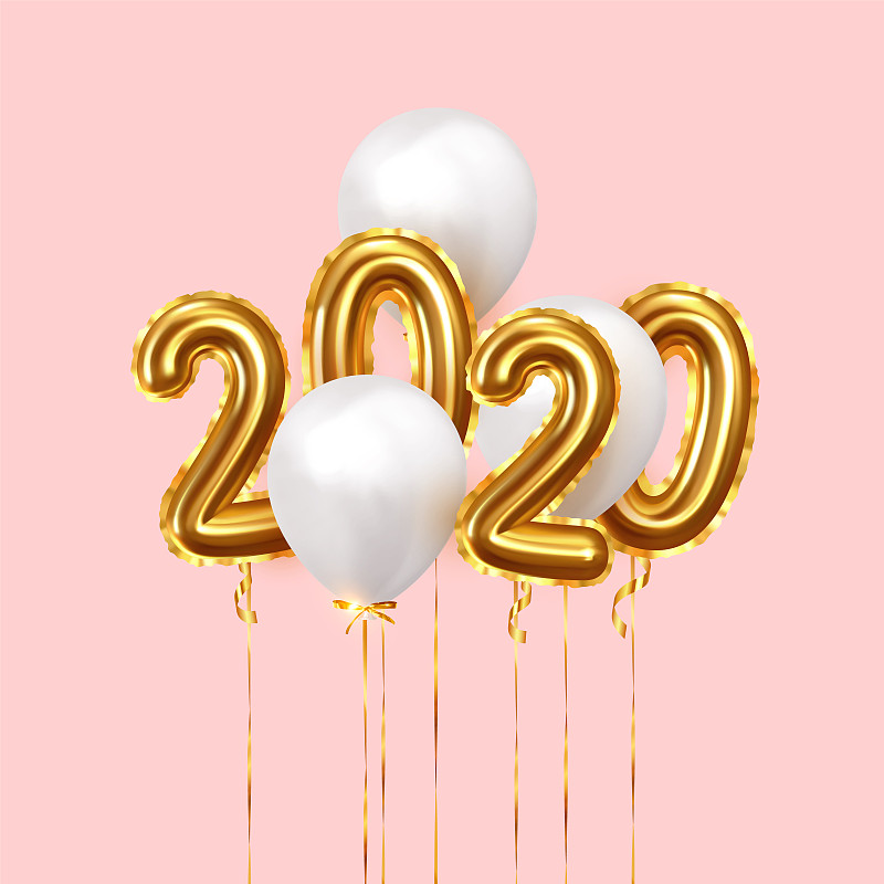 2020年新年快乐。背景逼真的金色气球。装饰设计元素。对象渲染带3d气球。庆祝派对海报，横幅，贺卡。节日的矢量图。素材