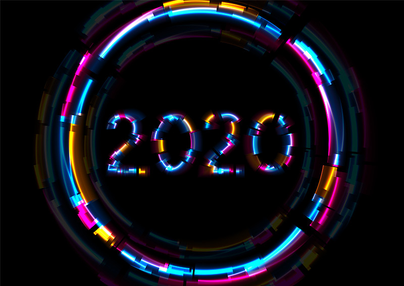 抽象发光霓虹灯2020新年背景与glitch效果图片下载