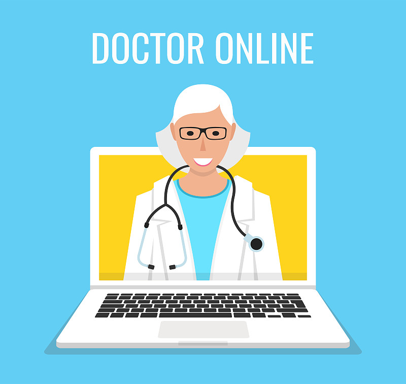 在线女医生角色注意笔记本电脑。在线医疗咨询概念。矢量插图。图片素材