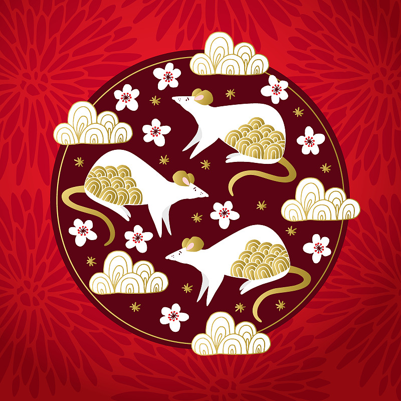 2020年中国新年贺卡、请柬。鼠年。红色的背景，菊花和金色的云彩。亚洲的设计。节日横幅模板。矢量插图。图片下载