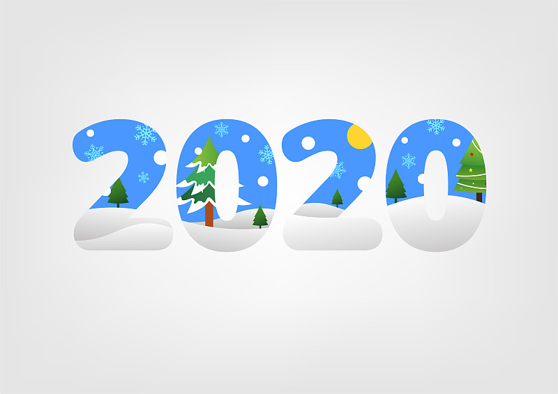 节日庆典，快乐新年，冬季背景文字2020，蓝天，雪树，孤立向量设计图片素材