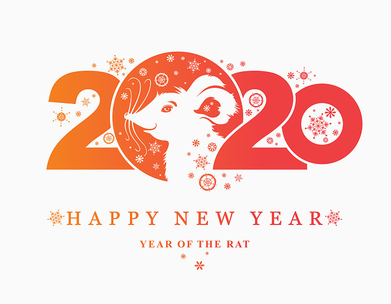 2020鼠年。美丽的2020年新年贺卡，上面画着一只可爱的老鼠。图片素材