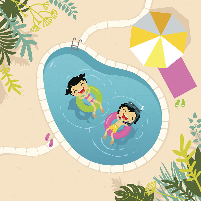 两个孩子在游泳池里放松图片素材