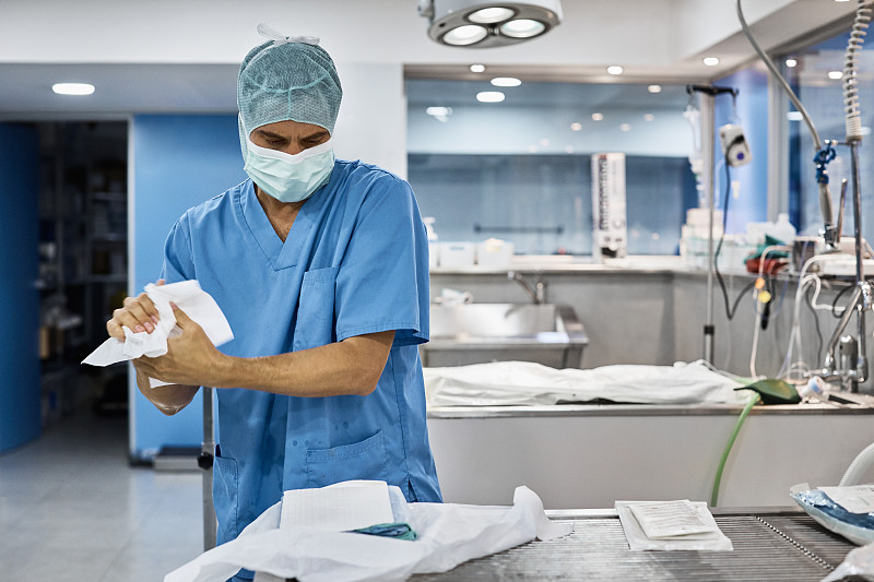 兽医在医院用纸巾擦手图片下载