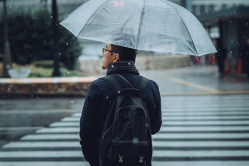 在冬天带着伞在城市里行走的人的后视图图片下载