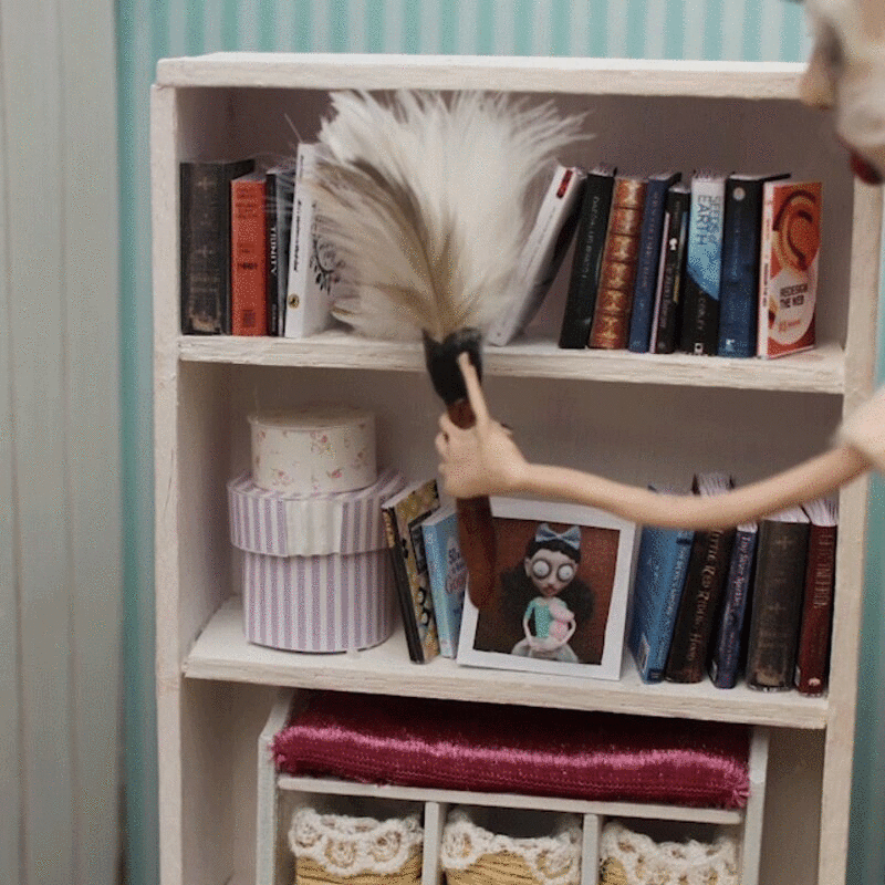用鸡毛掸掸书柜的木偶女人，停止运动效果图片下载