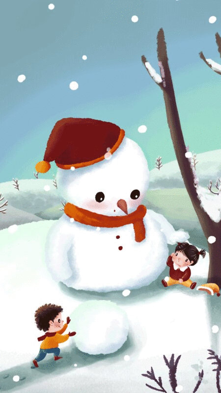 儿童插画动图滚雪球堆雪人竖构图插画下载