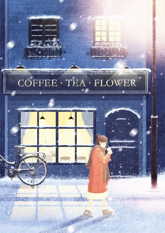 冬天咖啡店女孩喝奶茶街头晚上路灯下雪寒冷动图gif小清新插画图片下载