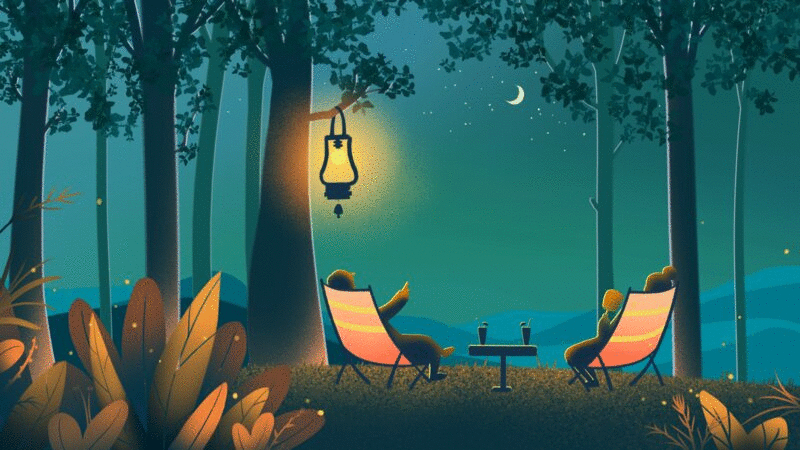 萤火虫夜晚树下乘凉的情侣插画动图图片下载