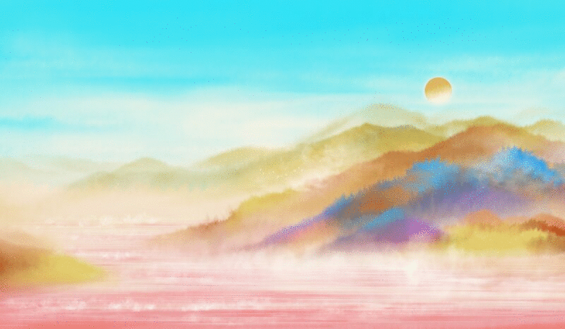 彩色深山里湖面泛起的雾气水彩插画动图图片下载