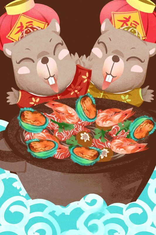 2020年鼠年老鼠吃海鲜火锅年夜饭插画图片下载