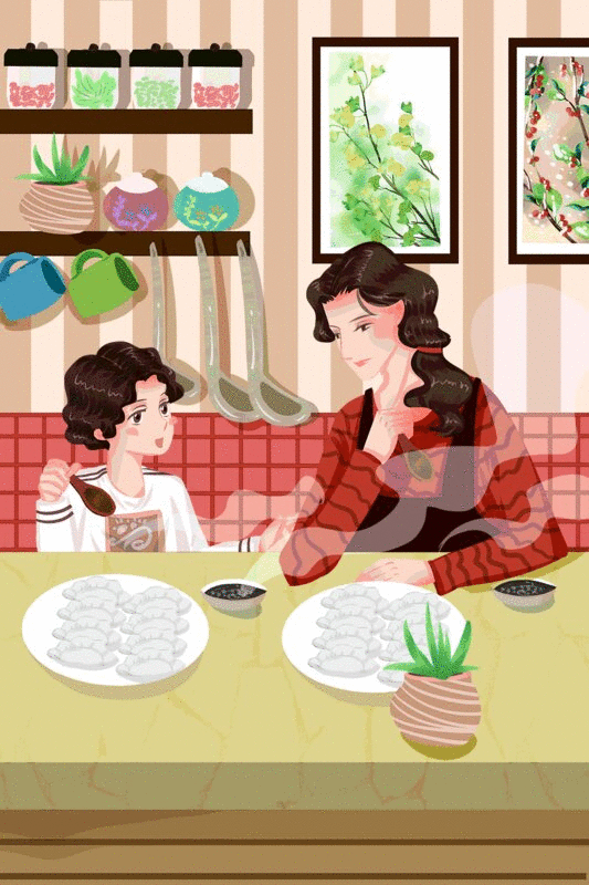 二十四节气冬至妈妈和孩子吃饺子插画图片下载