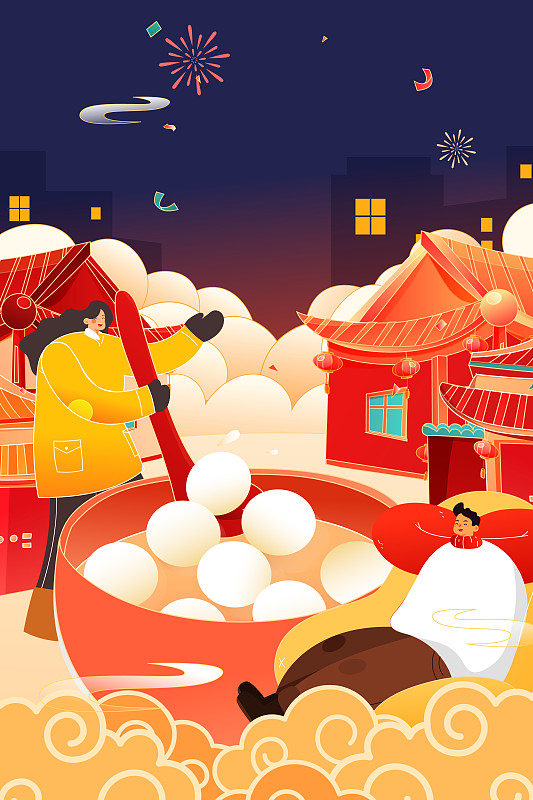 卡通元宵节冬季吃汤圆活动中国风背景矢量插画图片
