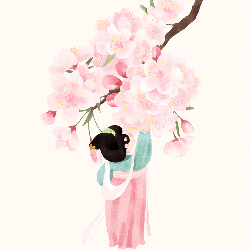 节气春分坐在桃枝上侧看桃花的唐朝美人