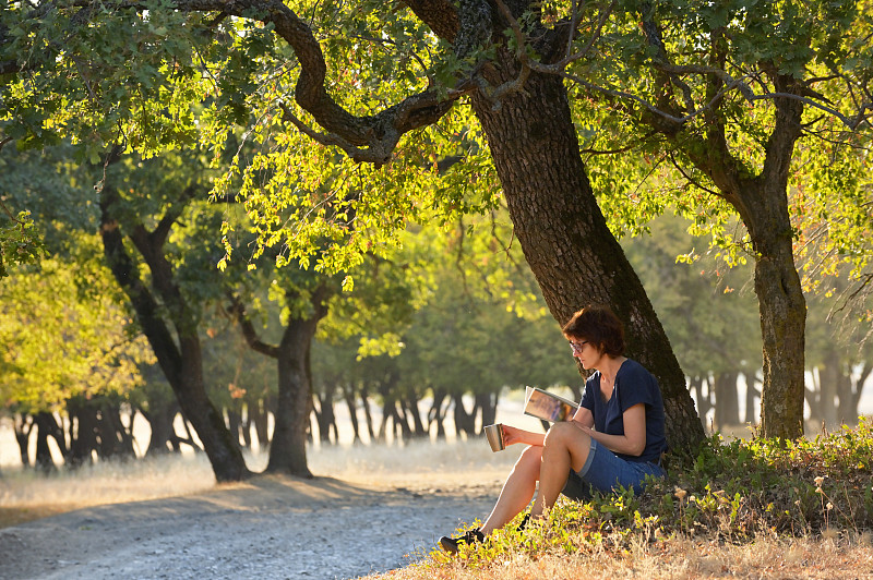 一个女人在森林里看书，希腊，罗马尼亚图片素材