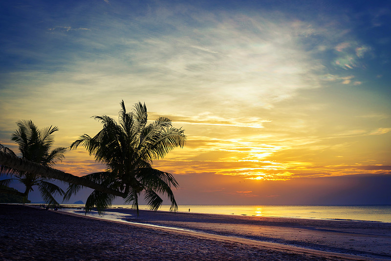 泰国的热带海滩，棕榈树和日落图片下载