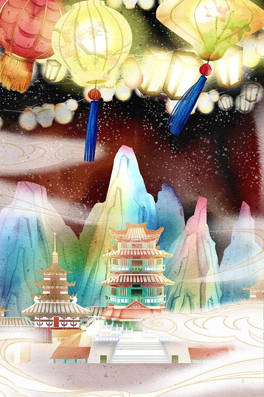 中国风中国古代元宵节花灯展插画图片
