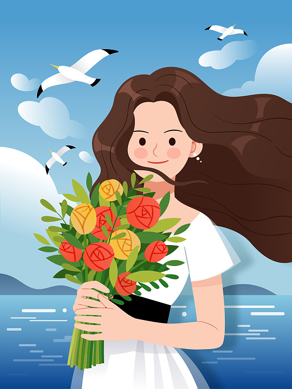 一名女性在海边手捧玫瑰花束图片素材