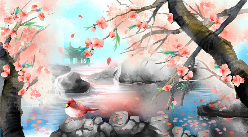 中国风水彩园林湖水插画图片
