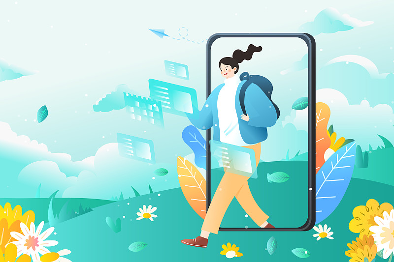 踏青夏季公园户外出游出行手机便捷旅行风景矢量插画图片