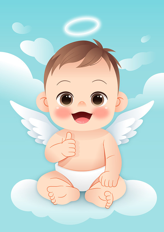 一个坐在云上的天使宝宝竖起大拇指图片下载