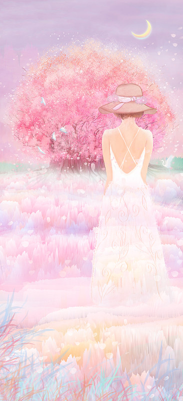 长裙少女站在樱花树前看着风景插画背景图片