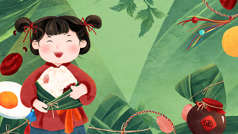端午节抱着粽子吃的小女孩与粽子背景插画图片