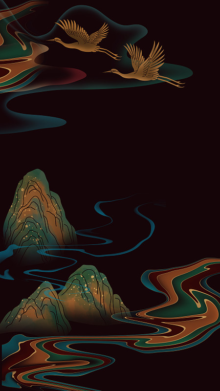 抽象山水仙鹤图案图片下载