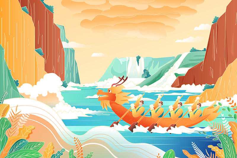 卡通端午节赛龙舟划船中国风传统节日习俗山水画背景矢量插画下载