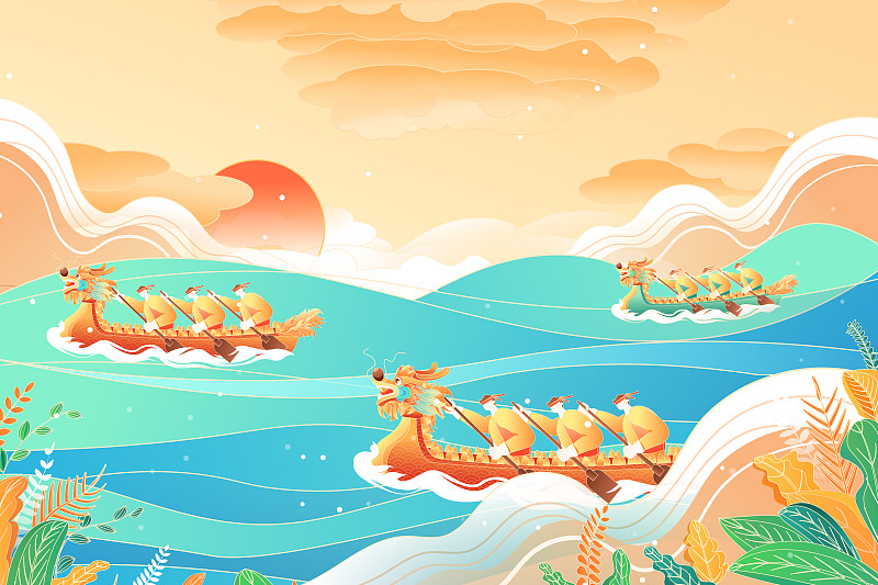 卡通端午节赛龙舟划船中国风传统节日习俗山水画背景矢量插画图片