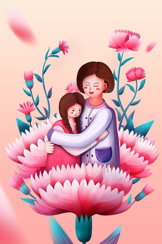 花朵里拥抱的母女图片下载